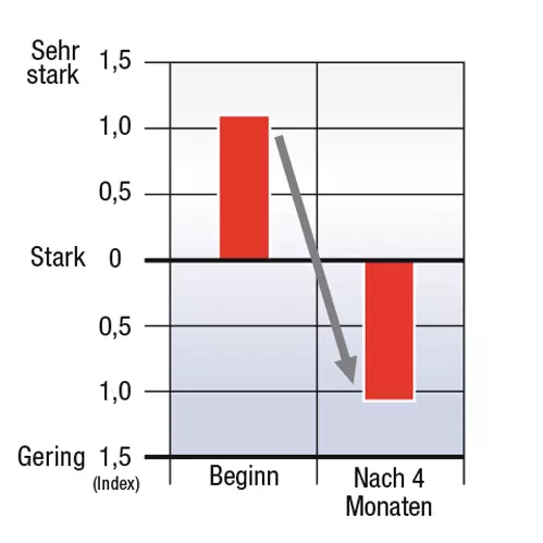 Balkendiagramm zeigt Indexabnahme von 1 auf unter 0,5 über 4 Monate, beschriftet mit "Sehr stark" bis "Gering", mit Pfeil, der den Abwärtstrend anzeigt.
