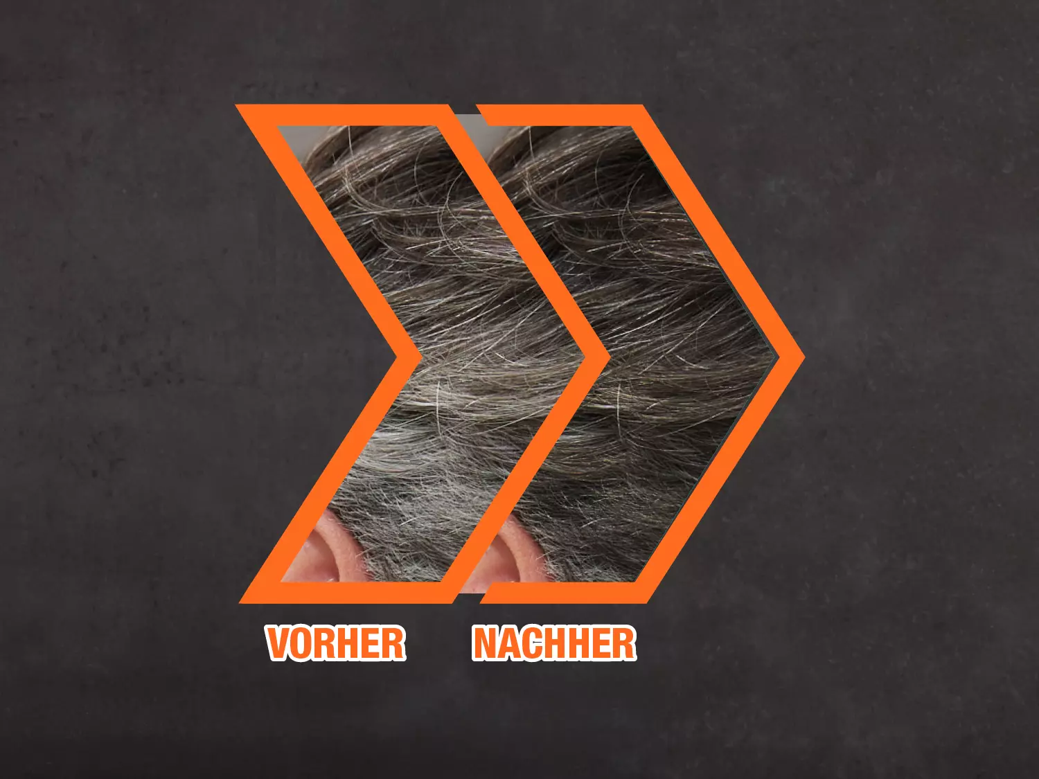 Effekt des Anti-Grau-Schampoos im Vergleich mit Nahaufnahme der Haare vorher (ergrauend) und nachher (dunkler) innerhalb von orangefarbenen Pfeilrahmen. Der Text darunter lautet "VORHER" und "NACHHER" auf einem dunklen Hintergrund.