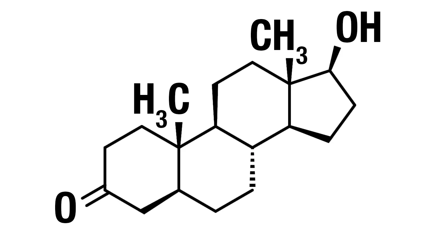 Chemische Strukturformel von Dihydrotestosteron (DHT) als mögliche Ursache für erblich bedingten Haarausfall bei Männern